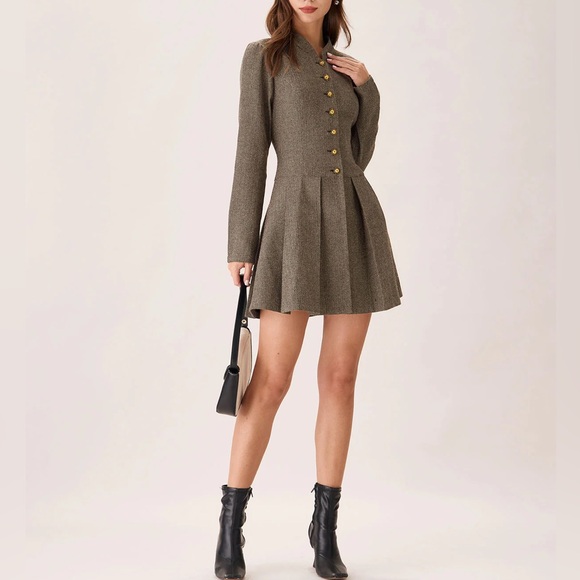 Rihoas Brown Button Pleated Mini Dress - Picture 3 of 7